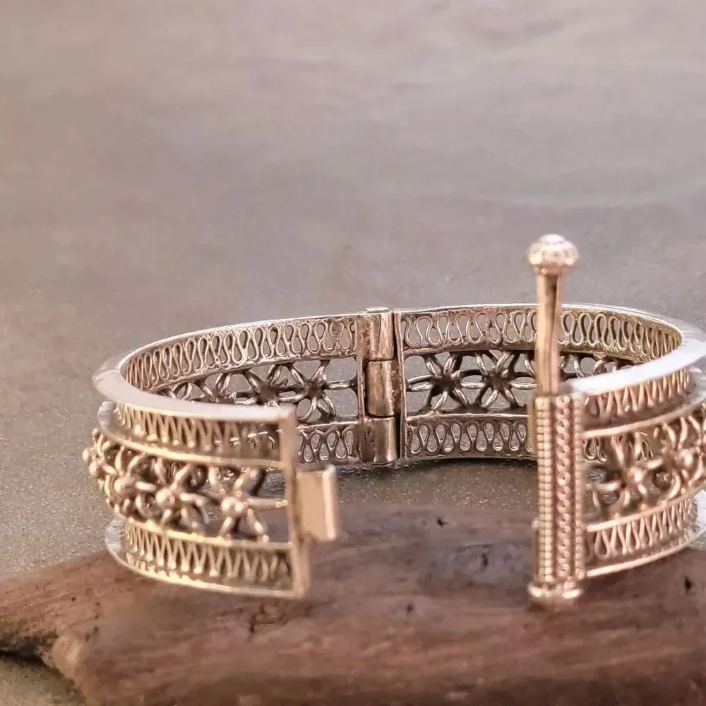 Sterling Vintage Wide Openwork Flower Hinge Bangle Bracelet
